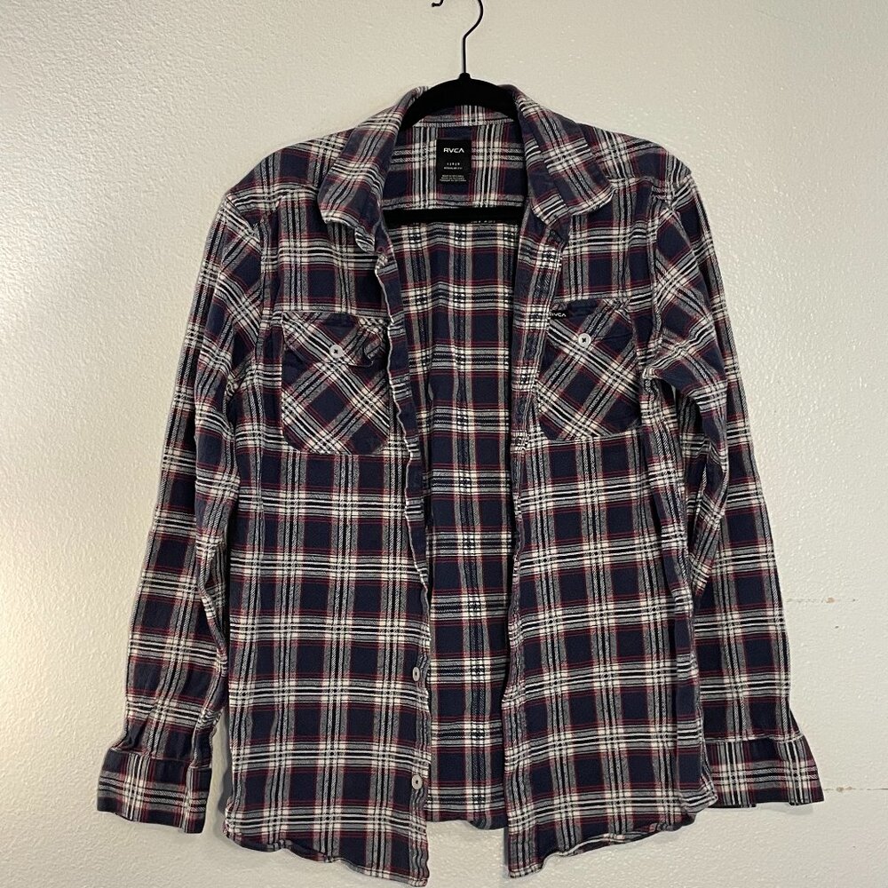 RVCA Plaid Flannel Shirt – Oversized Grunge Fit, Navy/Red/White, Size L